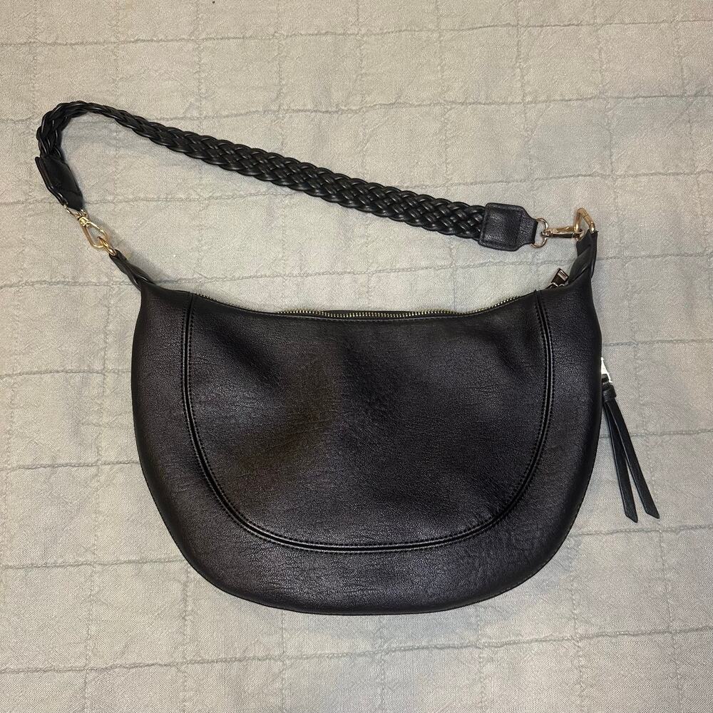 Antik Kraft Black Vegan Leather Crescent Hobo Bag with Braided Strap